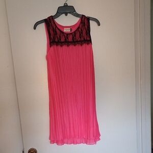 Pink Sleeveless Dress with Black Lace Detail Silky Sheer